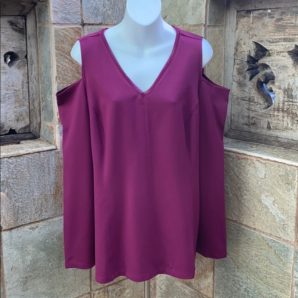 H by Halston VIP Ponte V-neck Cold Shoulder Top